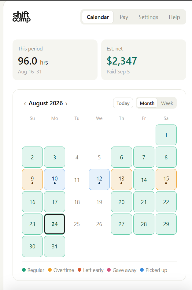 Month calendar view with bid block shifts filled in automatically