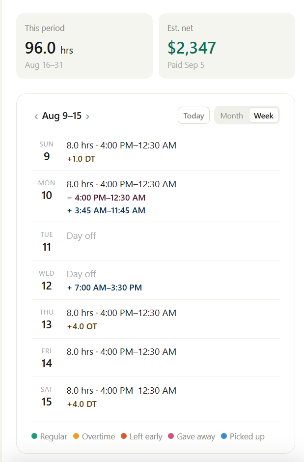 Week view of the schedule